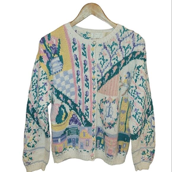 Vintage 1990s The Eagle's Eye Hand Knit Cardigan Sweater Pearl Cotton Raime S - Picture 1 of 16